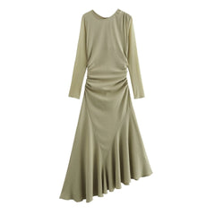 Pleated Irregular Long Sleeved Midi Dress