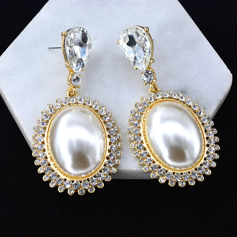 Pre Order:  Big Oval Pearl Crystal Long Drop Earrings
