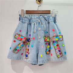 Colored Diamond Bow High Waist Wide Leg Denim