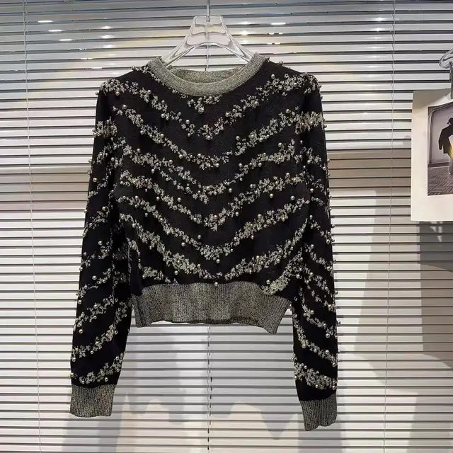 Floral Embellished Striped Knit Sweater