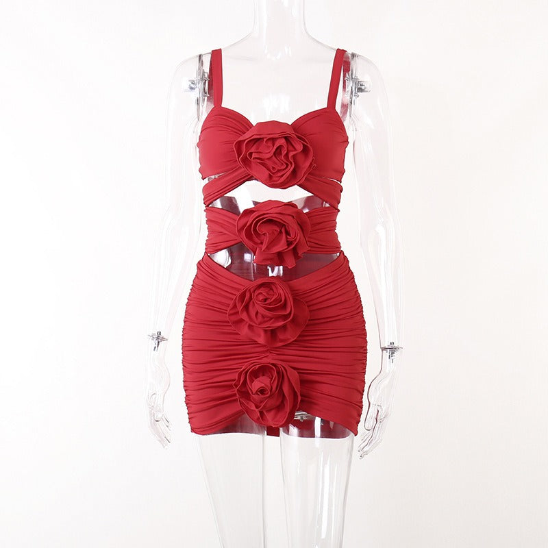 Solid Pleated 3D Flower Slim Hollow Dress