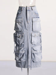 Denim Patchwork Pockets Back-Slit Skirt