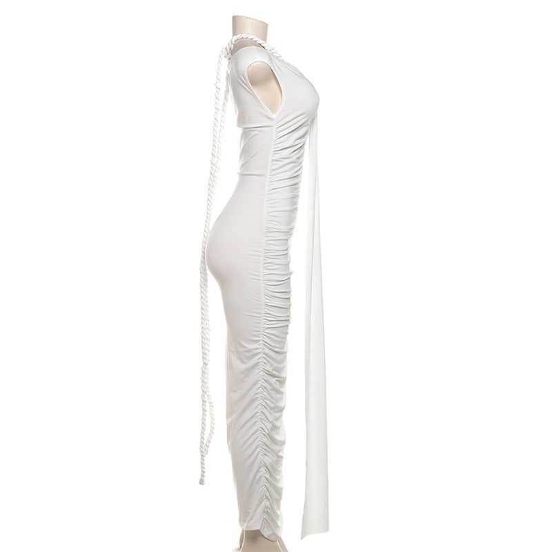 Pleated High Waist Slim Fit Wrapped Hip Maxi Dress