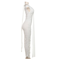 Pleated High Waist Slim Fit Wrapped Hip Maxi Dress