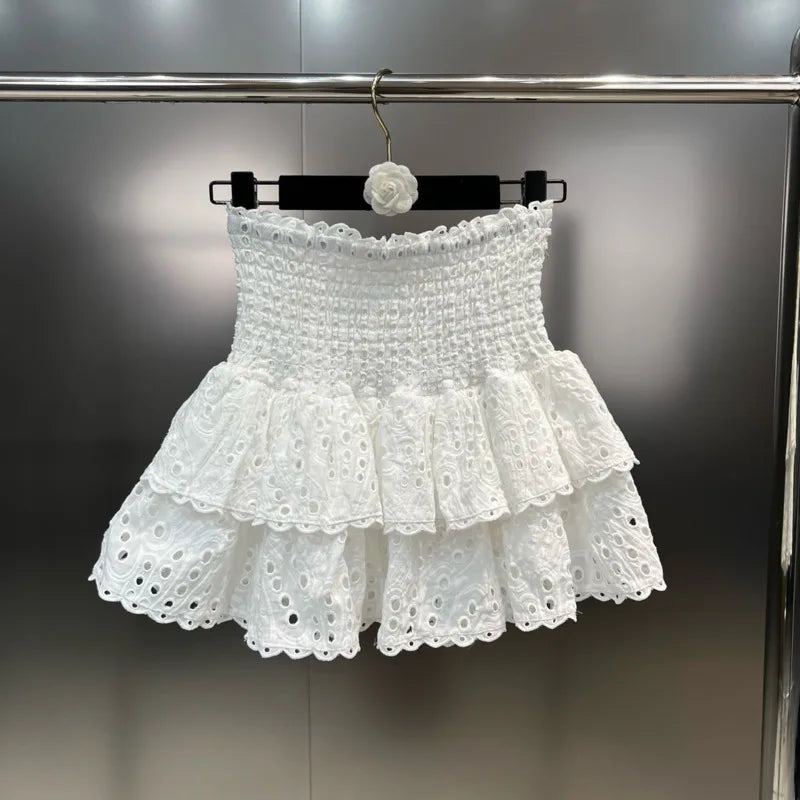 Ruffle Embroidered Hollow Top + Skirt Sets