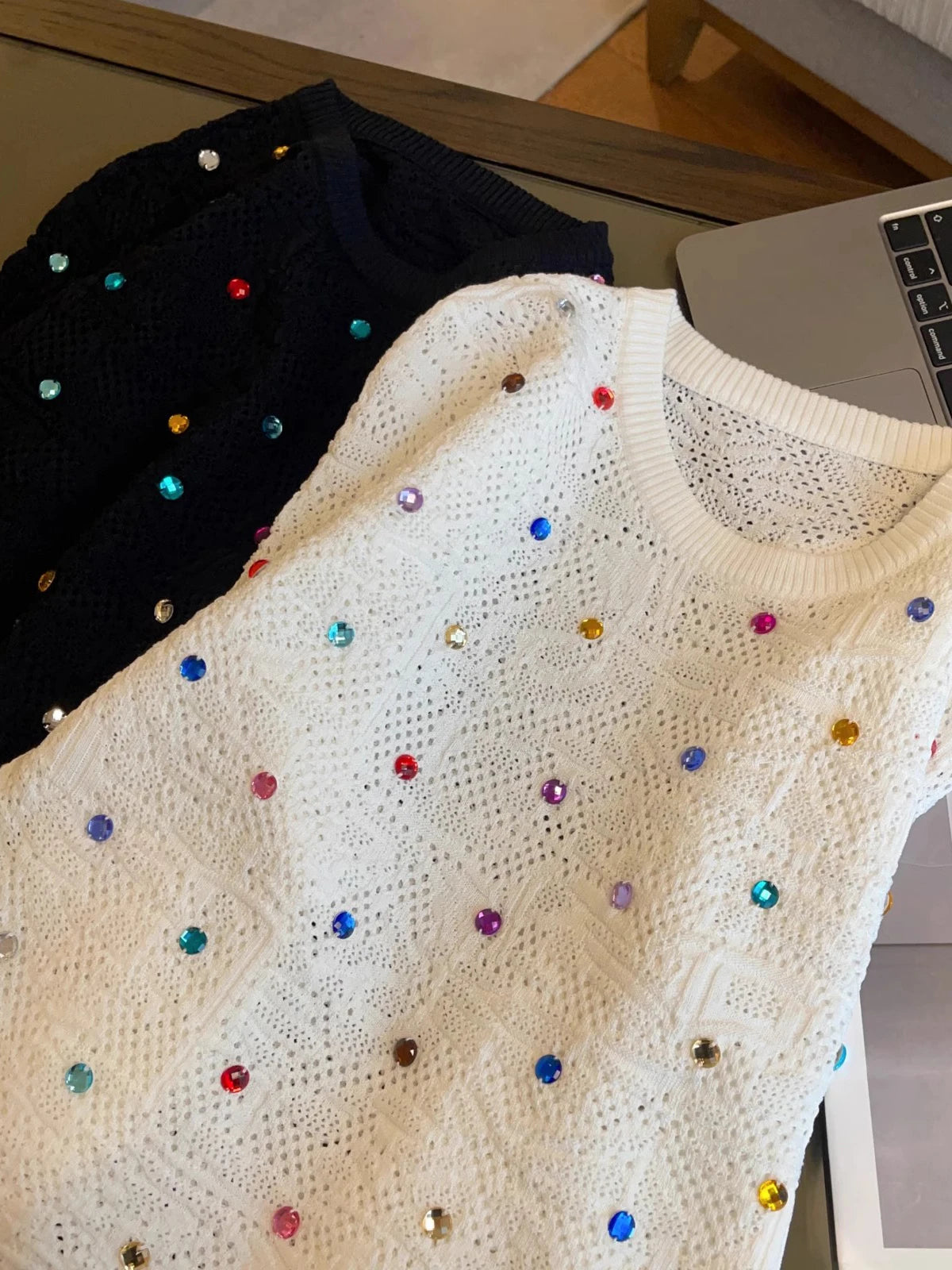 Colorful Crystal Beaded Knitted Sweater