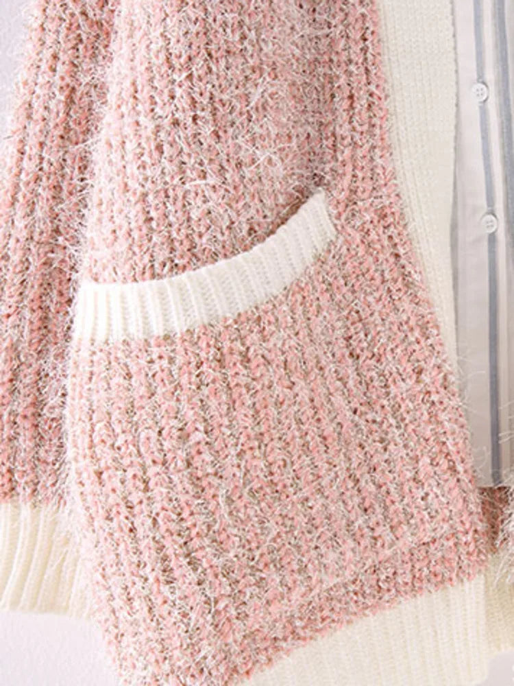 Fuzzy Contrast Edges Knitted Cardigan