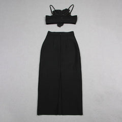 Solid Beaded Flower Hanging Neck Top + Skirt