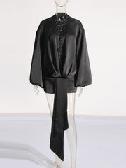 Sexy Elegant Satin Lace Chest Bubble Sleeves Mini Dress