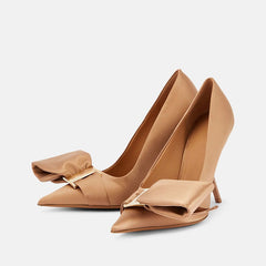 Silk Shallow Mouth Pointed Bow Fine Heels Banquet Shoes