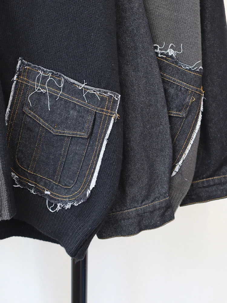 Denim Patch Pockets Loose Cardigan