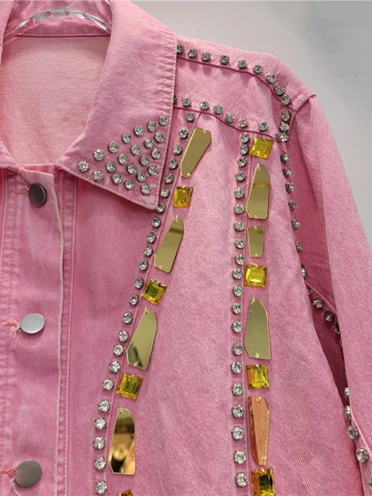 Rhinestone Sequin Pink Denim Jacket