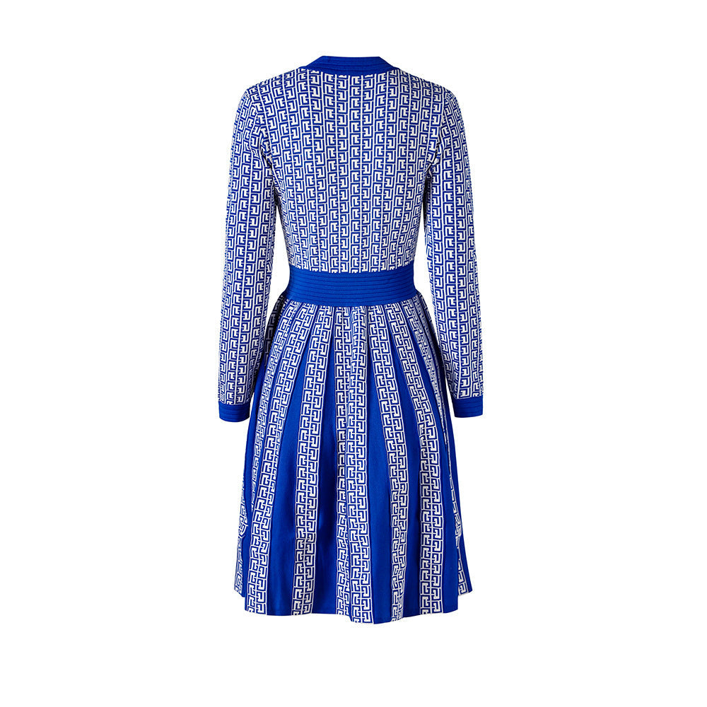 Geometric Pattern Knitted Long-Sleeved Pleated Skirt