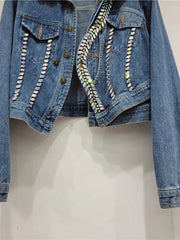 Denim Splicing Asymmetry Crystal Single Breasted Jacket