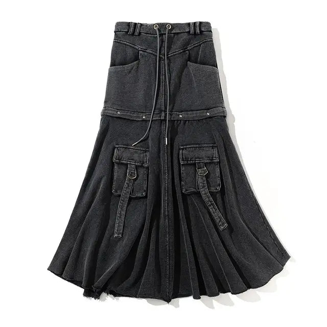 Vintage Baggy Black Denim A-Line Skirt