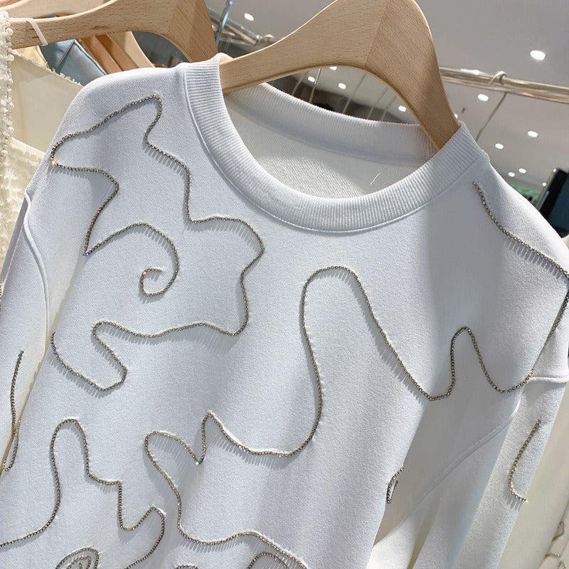White Beaded Rhinestones Round Neck Sweater