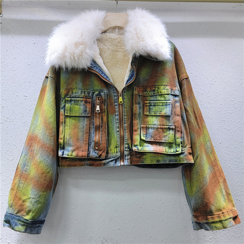 Woolen Collar Denim Short Fleece Jacket