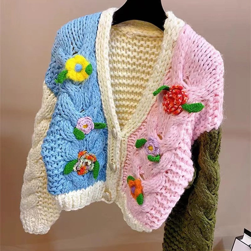 Color Block Rod Needle Knitted 3D Hook Flower Cardigan