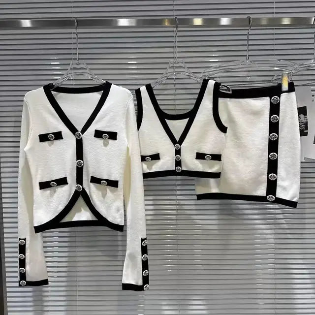 Vintage Long Sleeve Cardigan + Vest + Mini Skirt Set
