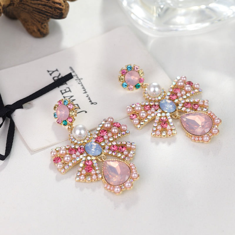 Pearl Crystal Glass Metal Bow Earrings
