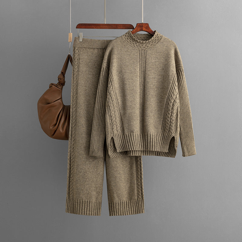 Casual Solid Loose Knit Sweater + Pants Set