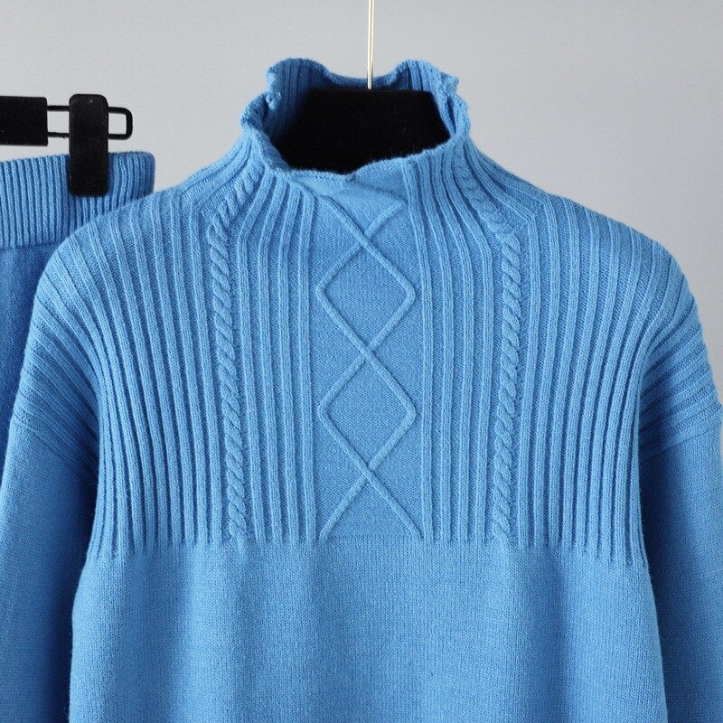 Solid Long Sleeve Knit Sweater + Loose Pants Set