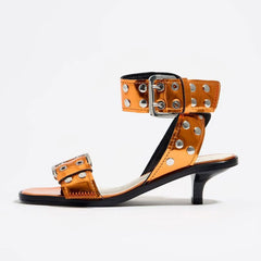 Wide Rivet Strap Mid-Heel Sandals