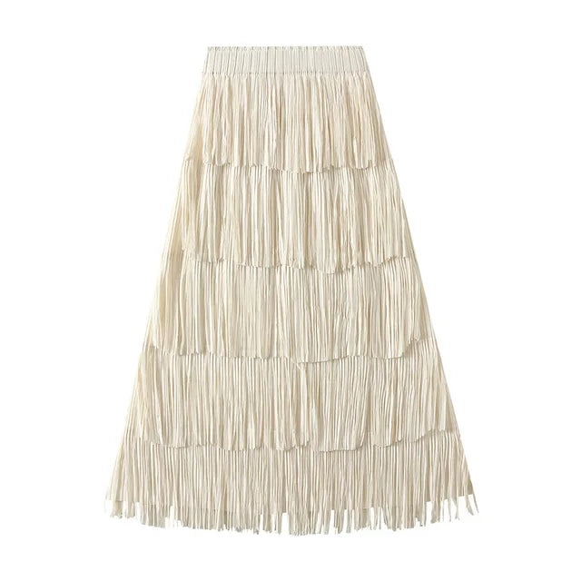 Fringe Stretch Waist Pleated Skirt