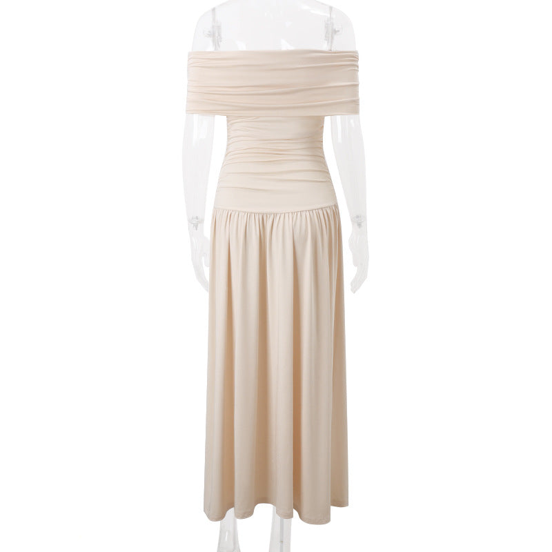 Off Shoulder Slim Fit Pleated Maxi Dress
