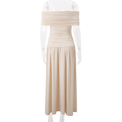 Off Shoulder Slim Fit Pleated Maxi Dress