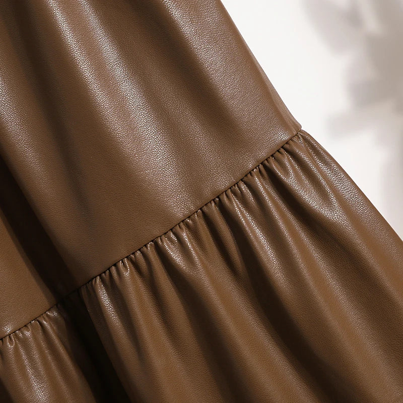 Splicing Soft Leather Elastic Waist Pleated Skirt