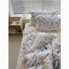 Cute Princess Fashion Lattice Bedding Set Bed Sheet AB Double Sided Ruffle Flower Quilt Cover Pillowcase Bedclothes Home Textile