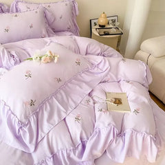 French Princess Style Bedding Sets Hepburn Style Bow Quilt Cover Romantic Bedclothes Decor Woman Girls Bedroom Duvet Cover 4pcs