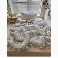 Cute Princess Fashion Lattice Bedding Set Bed Sheet AB Double Sided Ruffle Flower Quilt Cover Pillowcase Bedclothes Home Textile