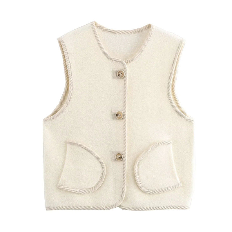 Loose Fit Sleeveless Trimmed Pocket  Pearl Fleece Vest