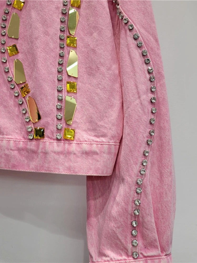 Rhinestone Sequin Pink Denim Jacket
