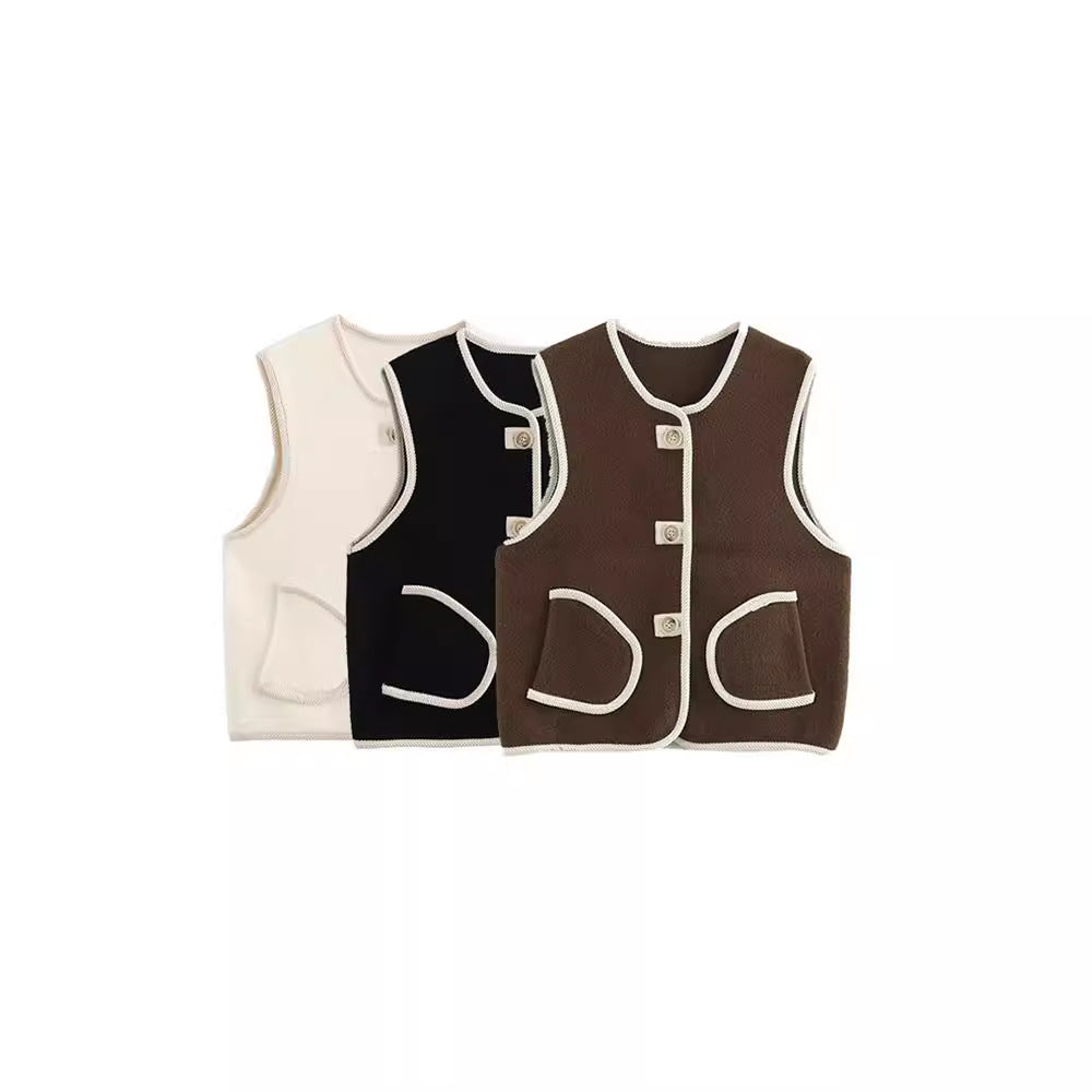 Loose Fit Sleeveless Trimmed Pocket  Pearl Fleece Vest