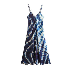 Two-Tone Blue Tie-Dye V-Neck Sleeveless Midi Dress