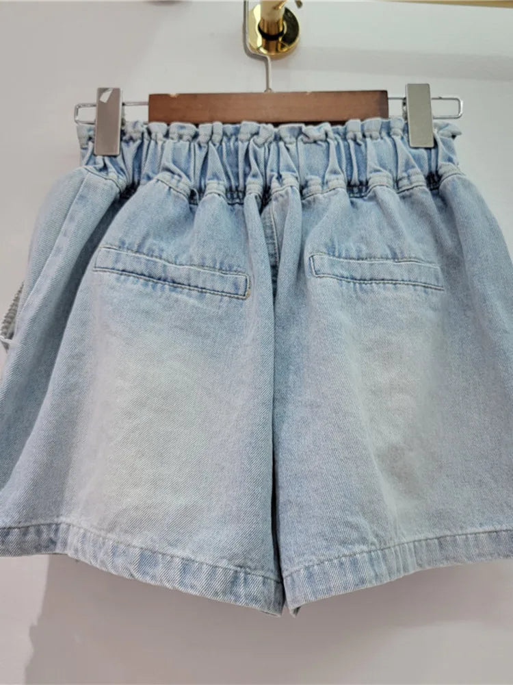 Handmade Diamond Bead Panel Denim Wide Leg Shorts