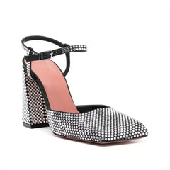Rhinestone Chunky Heel Square Toe Sandals