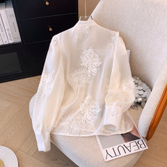 Casual Solid Embroidered Disc-Button Chiffon Shirt