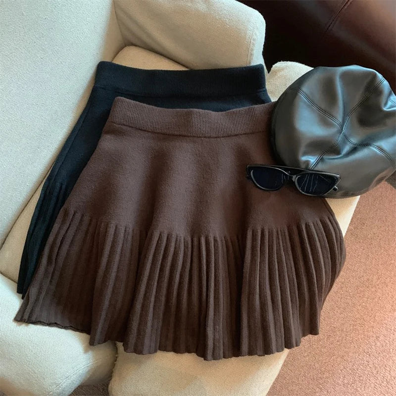 High-Waist Pleated Knit Mini Skirt