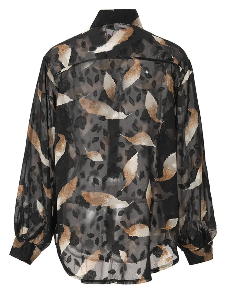 Pre Order:  Black Printed Leaf Sheer Comfy Blouse