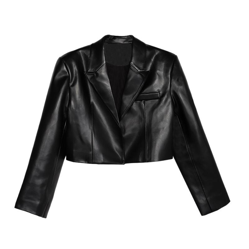 Black High-Waisted Cropped Leather Jacket