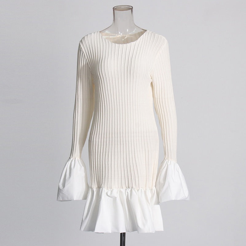 Round Neck Flared Sleeve Pleated Dress