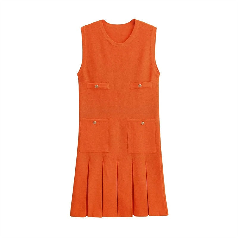Knit Wide Pleated Button Mini Dress