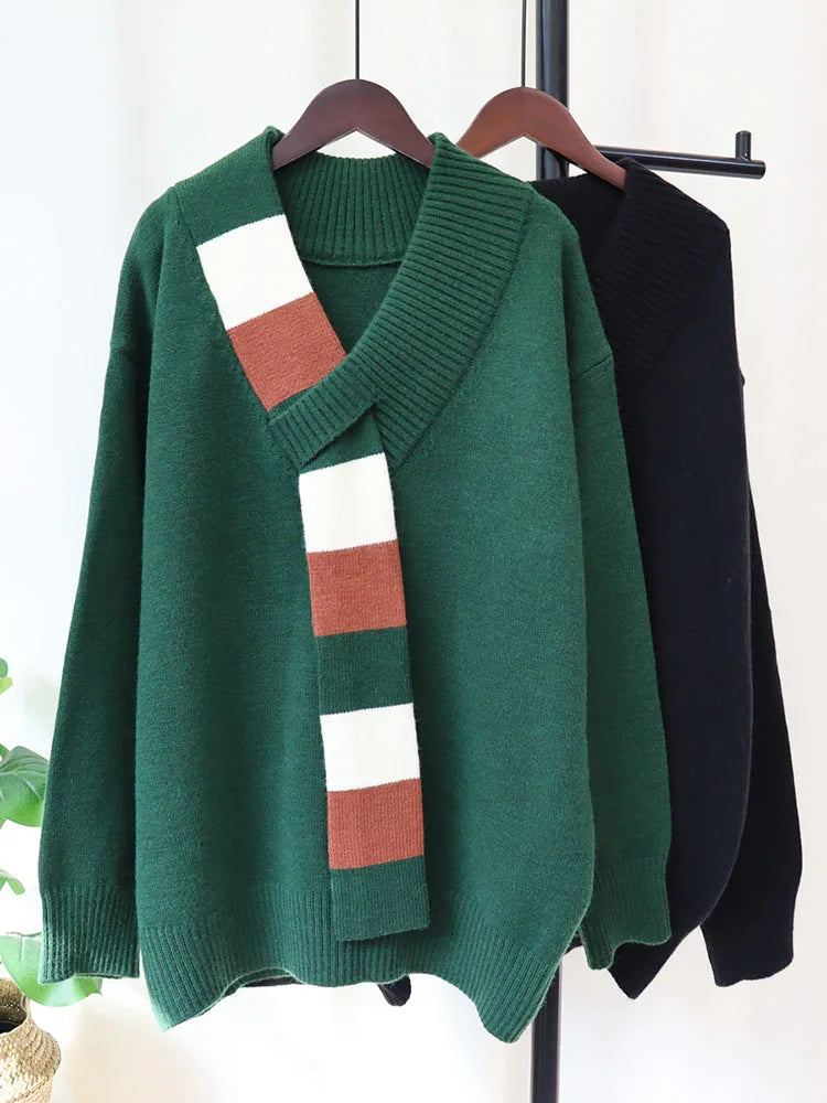 Mock Contrast Scarf Knitted Sweater