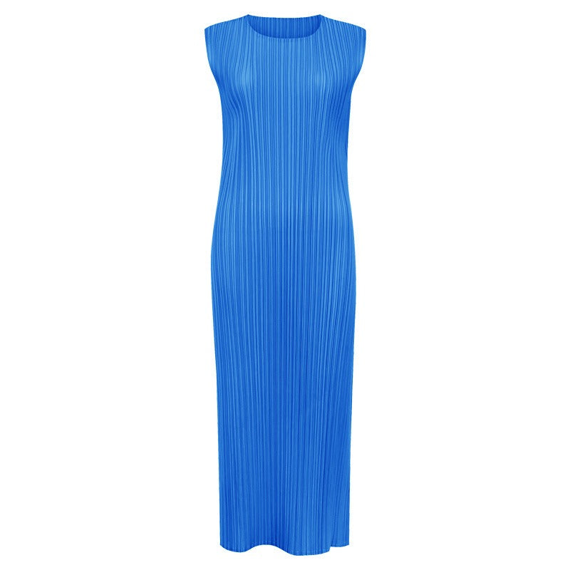 Solid Pleated Sleeveless Midi Dress