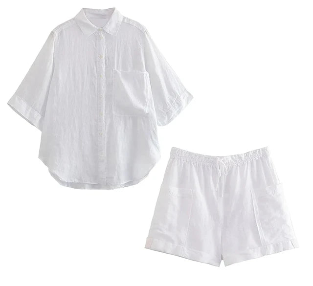 Cotton Linen Shirt+Shorts Set