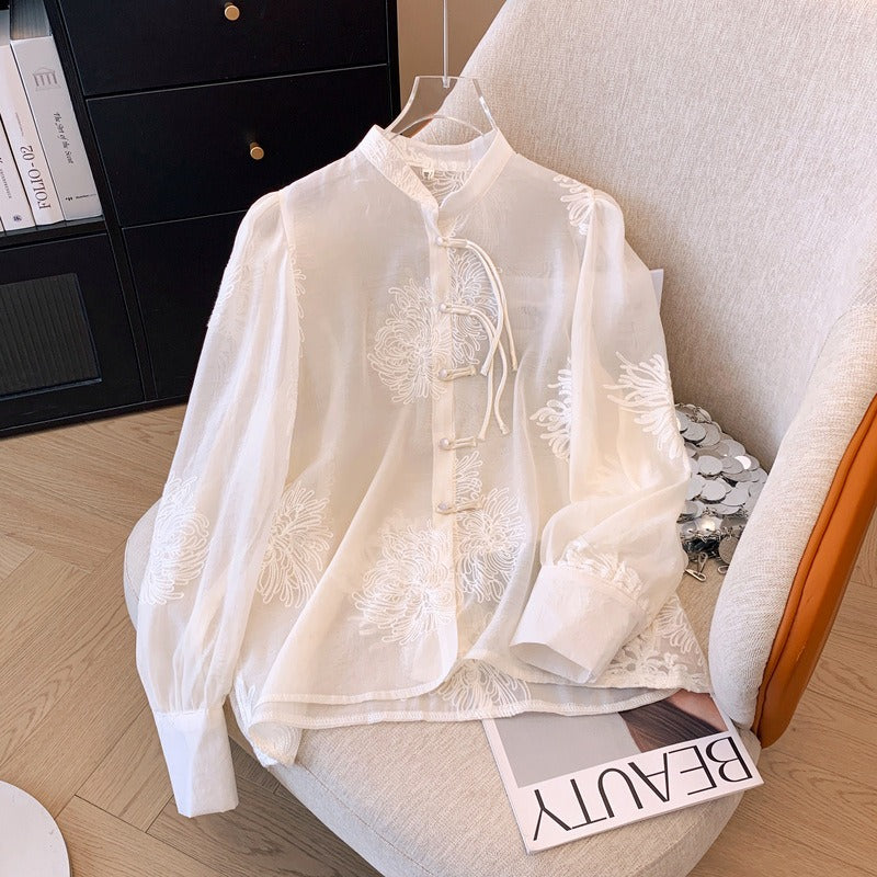 Casual Solid Embroidered Disc-Button Chiffon Shirt